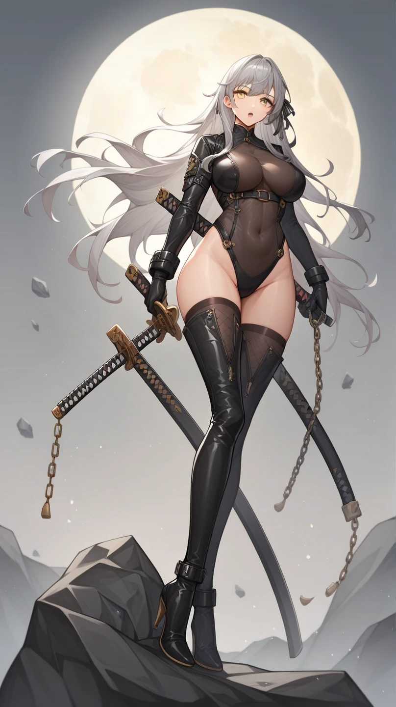 (Masterpiece, best quality, intricate details, 1sologirl) iron collar, arms behind back, iron cuffs, shackles, leather collar choker neck bell, bound ((standing by wooden pole:1.2)) ((female Black Dark skin Gyaru)) show entire body frontal position, feet in view, realistic, gorgeous 16y.o. darkest skinned mixed race female, black African, transparent black pantyhose, legs open, museum,barefoot no shoes, looking to viewer straight symmetrical, white silver long hair