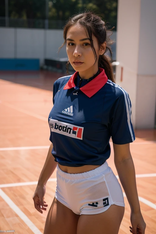 RAW portrait photo of 1 brunette woman with long hair, standing on the side of an indoor basketball court, wearing a no 23 los angles lakers jersey on top of a white t-shirt and short leather skirt, people in back, people in background out of focus, imagem de perfil, russian supermodel, medium firm breasts, soio, revela seu corpo, transparente, altamente detalhado, skin imperfections:1.1), detalhada, specular illumination, DSLR, ultra qualidade, foco nítido, grain of film, Sharp features, soft natural lighting, magic photography, natural lightting, Foto realism, ultra-detalhado, 8k, melhor qualidade, Ultra Alto Nadaolução, (fotorrealista: 1.4), alta resolução, detalhada, foto crua, sharp re, (8k, 4k, melhor qualidade, alto, Ultra alto nada:1.1), (obra-prima, realista, realista:1.1), Estilo Raw 50