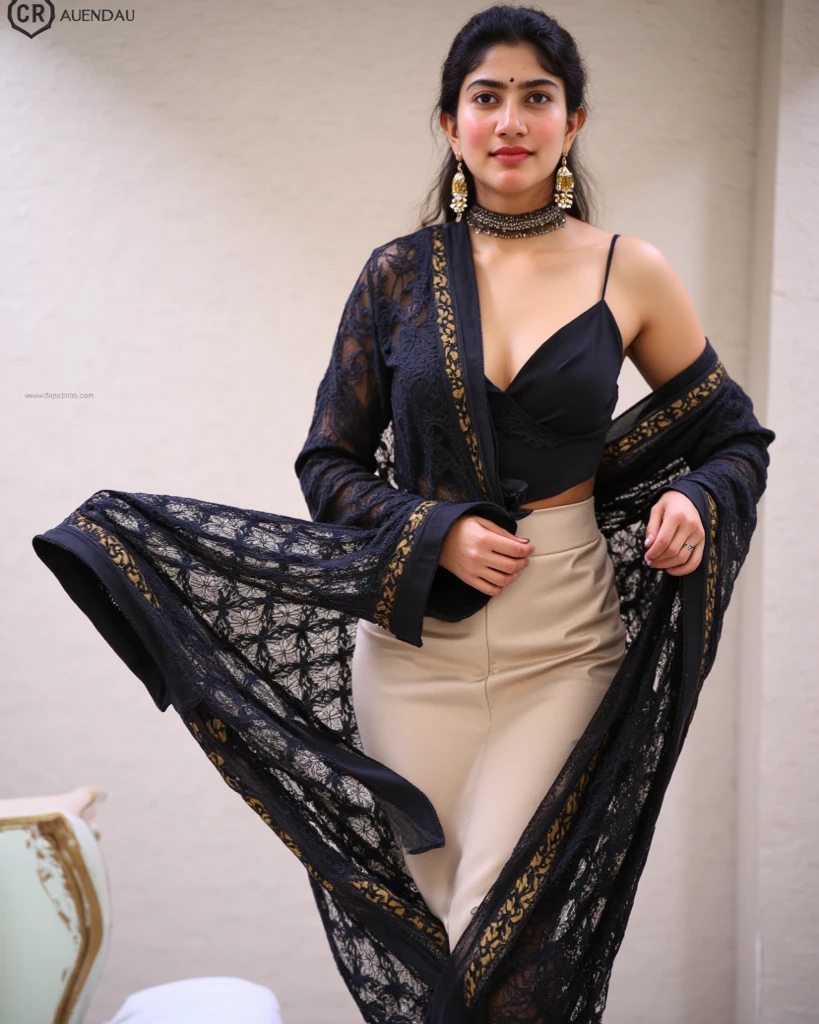 A woman wearing Black Saree with over the shoulder plates, long golden dangling chimes earrings, burgundy Lipstick, Ample breasts, black heels, black bangles, black hairs, black iris, black nail polish, black Clutch with Golden border, one golden ring in right hand