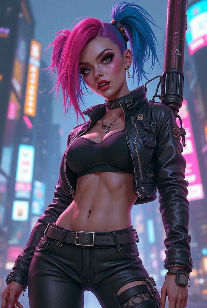 an ultra realistic portrait of a very beautiful indian woman posing for a photo in a leather jacket and colourful pants on a street, extremely detailed facial features, hero pose colorful city lighting, seductive cyberpunk dark fantasy, model girl, in cyberpunk style, cyberpunk beautiful girl, beautiful cyberpunk woman model, realistic Barbie doll , realistic anime style, cyberpunk outfit, female cyberpunk anime girl, urban fantasy style,cinematic, Hyper-detailed, insane details, Beautifully color graded, Unreal Engine, DOF, Super-Resolution, Megapixel, Cinematic Lightning, Anti-Aliasing, FKAA, TXAA, RTX, SSAO, Post Processing, Post Production, Tone Mapping, CGI, VFX, SFX, Insanely detailed and intricate, Hyper maximalist, Hyper realistic, Volumetric, Photorealistic, ultra photoreal, ultra-detailed, intricate details, 8K, Super detailed, Full color, Volumetric lightning, HDR, Realistic, Unreal Engine, 16K, Sharp focus, cgsociety 9, fractal isometrics details bioluminescens : a stunning realistic photograph 28 years