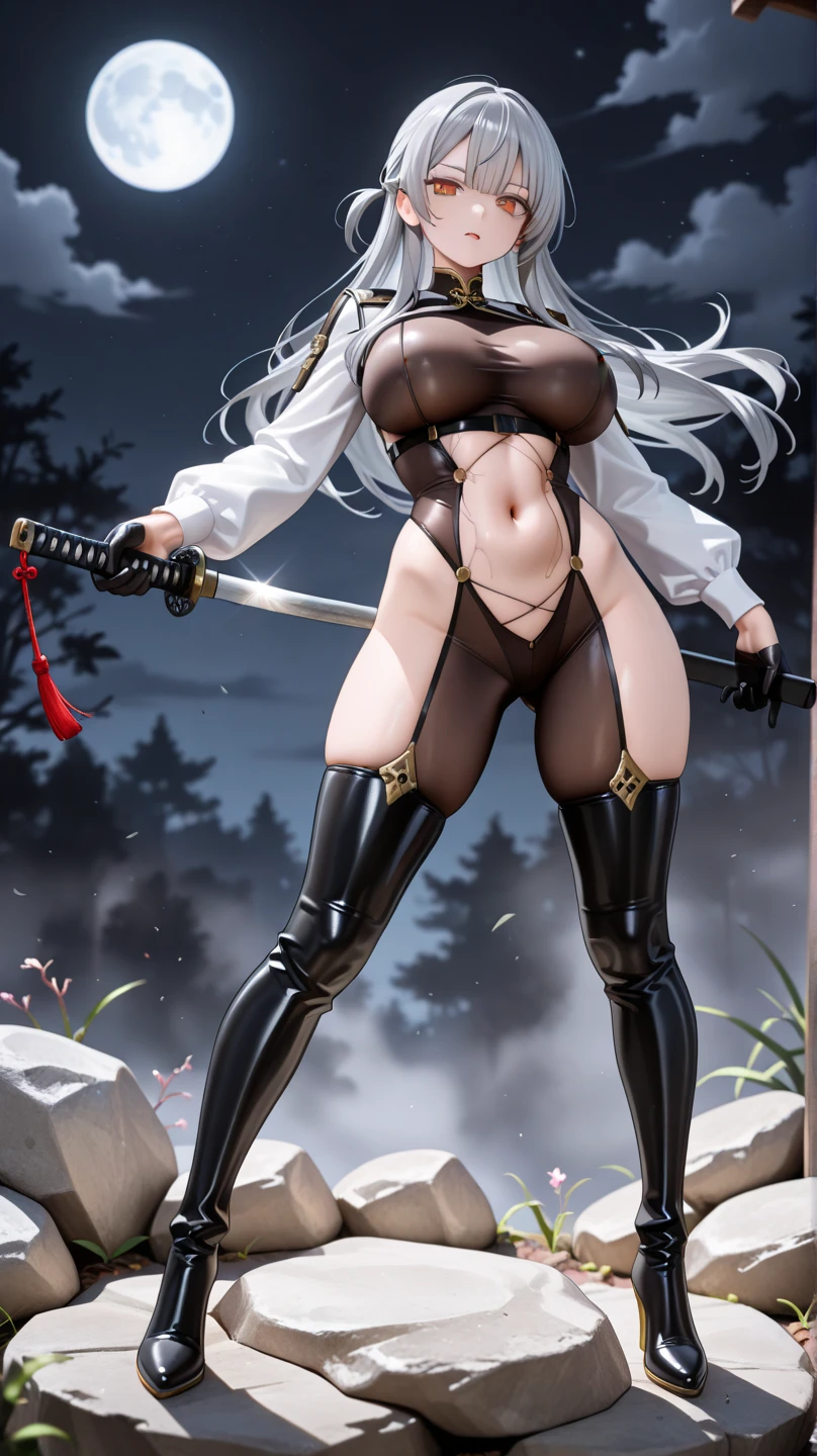full body, barefoot, 1girl, ((milf)), ((dark skin)), white hair, slingshot bikini, (masterpiece, best quality), intricate details, 8k, artstation, wallpaper, official art, splash art, sharp focus, 1girl, Nakiri Ayame, long hair, braids, white hair, sovietForm