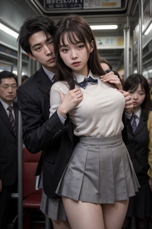 (nsfw), ((masterpiece)), ((best quality)), (ultra-detailed), ((kawaii)), cute, (lovely), ((sexy)), (ero), ((extremely detailed)), 4K, (8K), best quality, (beautiful)3, realistic, real, on the train, (((masterpiece)), ((best quality)), (ultra-detailed), ((kawaii)), cute, (lovely), ((sexy)), (ero), ((extremely detailed)), 4K, (8K), best quality, (beautiful)3, realistic, real, on the train, a cute girl, 1girl, solo, , ((beautiful eyes)), flat breast, tiny breast, slim, slender, crying), A lot of men in suits, a high school girl surrounded by a lot of men, ((beautiful eyes)), flat breast, tiny breast, slim, slender, (Crying high school girl), (((A crowded train))), (((Multiple men's hands touching a high school girl's chest, crotch, arms and feet)))