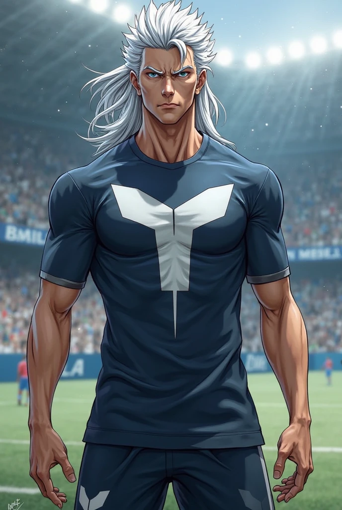 anime boy ,lead hair curly hair ,White skin,tall height,muscled body,white soccer clothing