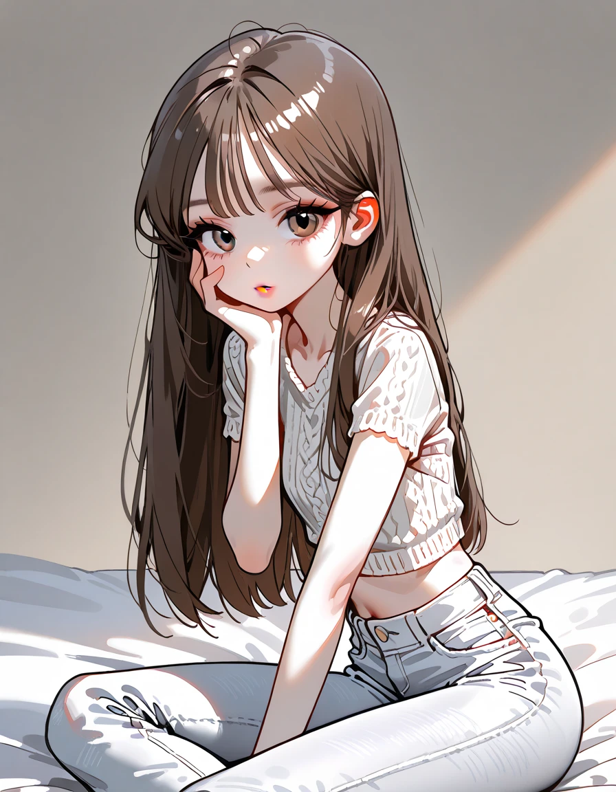 (highest resolution, distinct_image) The best quality, a woman, masterpiece, highly detailed, semi realistic, 21 years old, cute, young, beautiful, naked oversized t-shirt, shirt tug, collar on neck, indoors, modern bedroom, window, waking up, morning, blushing