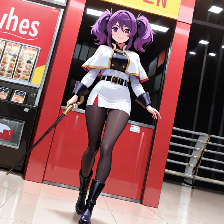 unreal engine 5.3, rosto lindo, corpo inteiro, quadril largura, uma skin feminina de Fortnite, navy blue leggings, coturno vermelho, camisa curta vermelha, jaqueta de couro preta, lilac twintails hair, olhos amarelos, at a train station. holding a lilac pistol with red spots
