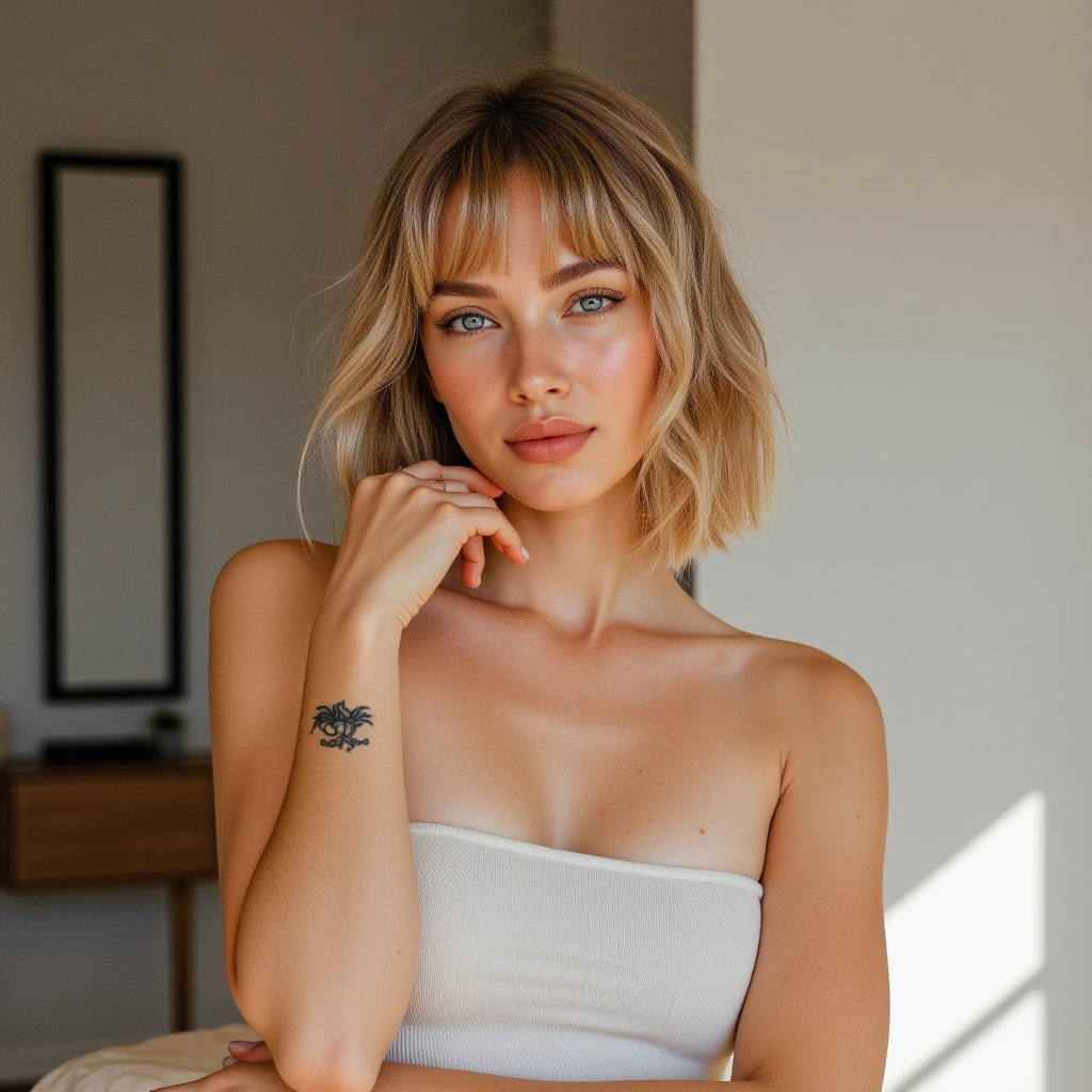 ((Best Quality, 8k, Masterpiece:1.3), Focus:1.2, Perfect Body Beauty:1.4, Buttocks:1.2, ((Delicate Hair)), (white t-shirt:1.1), (bedroom), Highly detailed face and skin texture, grey short hair, Detailed eyes, Double eyelids, whitening skin, Big breasts, smile, wearing necklaces, perfect , seducing face, sweating, selfie, 1 girl, messy hair, sexy