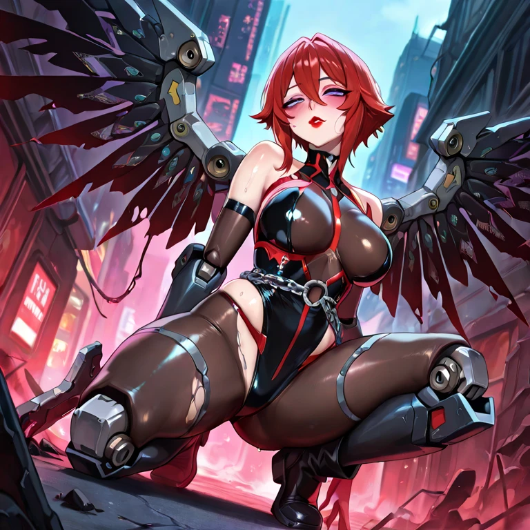 (masterpiece, best quality:1.2),cityscape,night, on the knee, intricate details, 1girl ,diabellestarr the dark witch, narrow bust,(huge breasts:1.6),(mature female:1.2),(solo),Korean doll,thick, minimal cloth, cleavage ,mask, dress, hood up, detached sleeves, red pantyhose, earrings