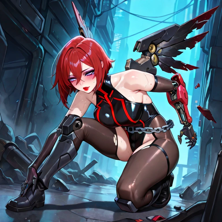 Dragon ear, Mecha, machine, Dragon wings, dragon tail, dragon horn,, ultra detailed, masterpiece, best quality, aesthetic, detailed,, solo, seductive smile, red lips,
1girl, purple eyes, red hair, blunt bangs, medium breasts, low hair rings, taut clothes, choker, bandeau, elbow gloves, taut shorts, lowleg shorts, navel, groin tendon, belt, patterned legwear, pantyhose, (pantyhose under shorts:1.2), high heel boots,