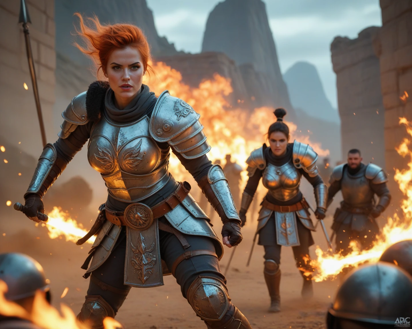 a fierce warrior shouting, extremely detailed portrait, cinematic dramatic lighting, rpg style, 8k, film trailer, dramatic flame effects, epic fantasy, powerful expression, intense gaze, battle-worn armor, war-torn background, moody color palette, volumetric lighting, photorealistic, unreal engine, professional 3d render