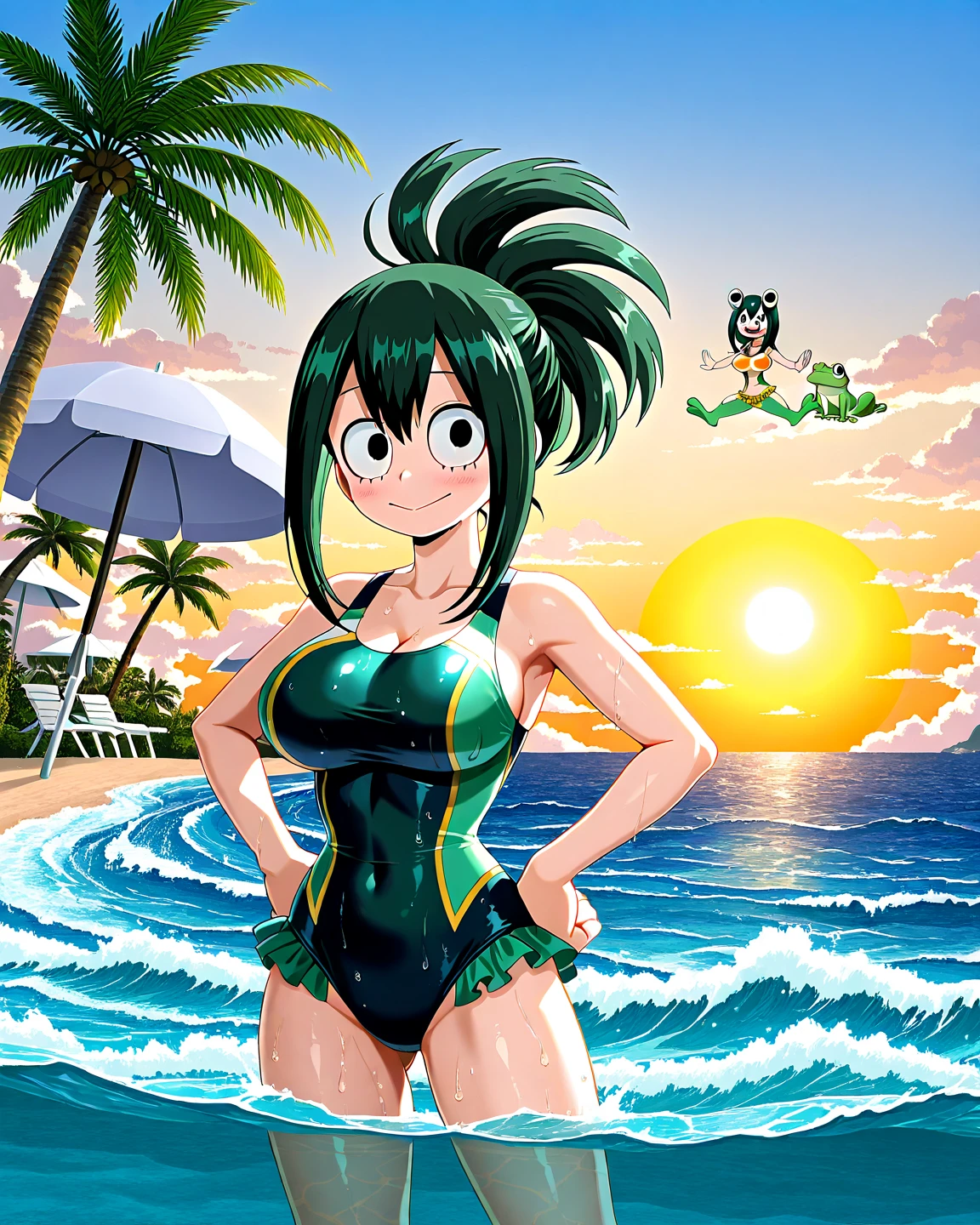 Green toddler anime girl in a swimsuit bend over spreading or but
