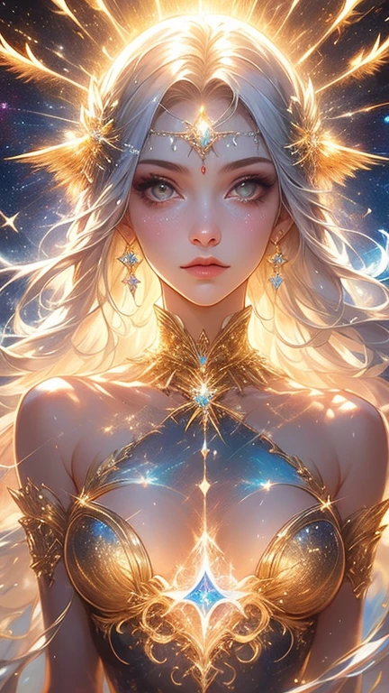 ((best quality)), ((masterpiece)), ((realistic)), portrait, 1girl, celestial, deity, goddess, light particles, halo, looking at viewer, (bioluminescent:0.95) ocean, bioluminescent, jellyfish, Vibrant, Colorful, Color, (Glow, Glow), (Beautiful Composition), Cinematic Lights, Intricate, (Symmetry: 0.5), Whimsical,