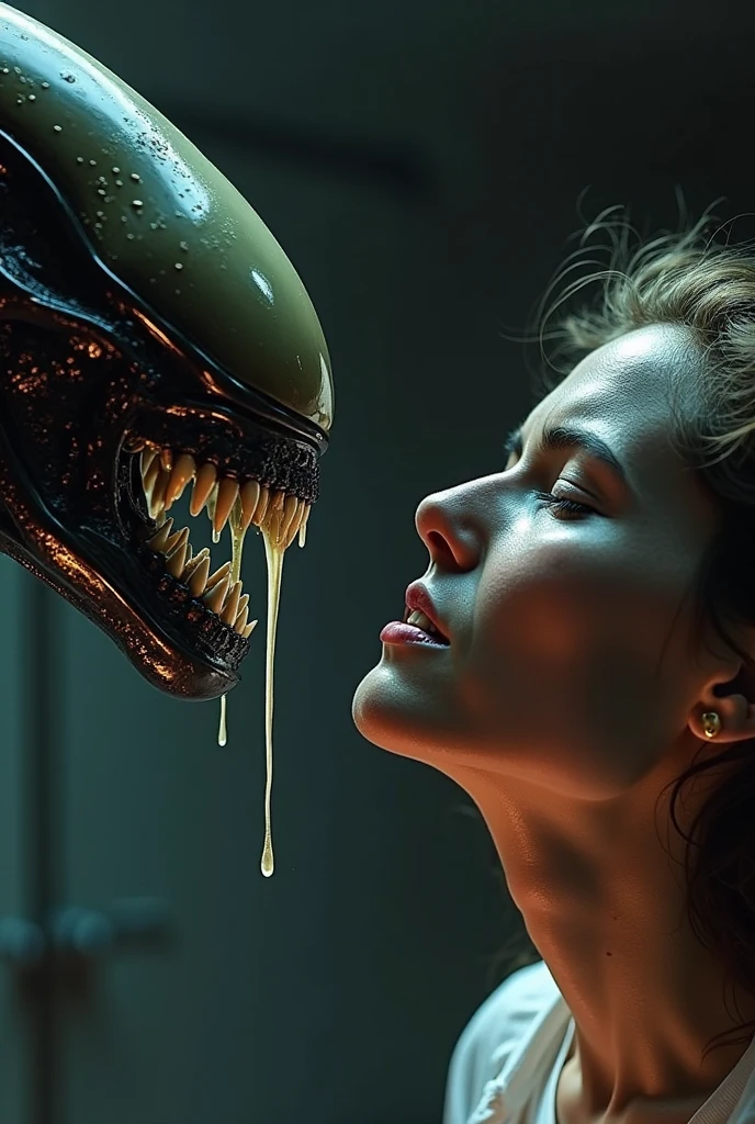 Close-up of a woman with terrifying expressions and an alien in front of her face looking to her with its big black shining head with its clear liquid comes out from its mouth that opened. Dark background with views like in a damage spaceship with red light that shine as an emergency alarm. The image should focus to the woman and the alien and the aura invites viewers to feel scared and terrifying. Sci-fi, very-detailed, hyper-sharp, hyper-realistic, surrealism.