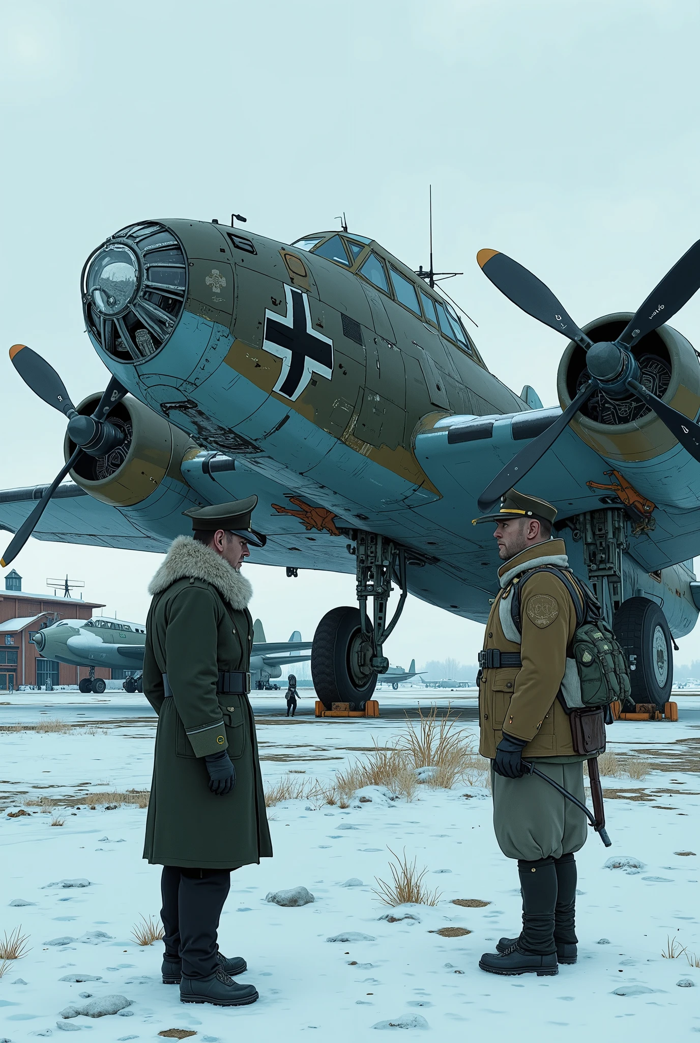 In a snowy airfield setting, a large, imposing aircraft stands with its nose and propellers prominently displayed. The plane, a historic German World War II fighter, features a blue-gray camouflaged paint job, complete with distinctive Luftwaffe insignia. Two officers clad in period-appropriate military uniforms stand in front of the aircraft, engaging in conversation. They wear long dark coats, with one sporting a lighter-colored fur-lined jacket, reminiscent of cold weather military gear from the era.
The scene transitions into a close-up of the men inspecting the aircraft. Their expressions are a mix of skepticism and admiration for the plane's design. Text bubbles capture their conversation, discussing the plane's unusual appearance and expressing strong opinions about its design. The dialogue includes a remark likening the plane to an ugly, evil insect, while another defends its magnificence.
The background reveals more aircraft and a building, indicating a military installation. The overall mood is a mix of tension and awe, with a cold, wintry atmosphere.
