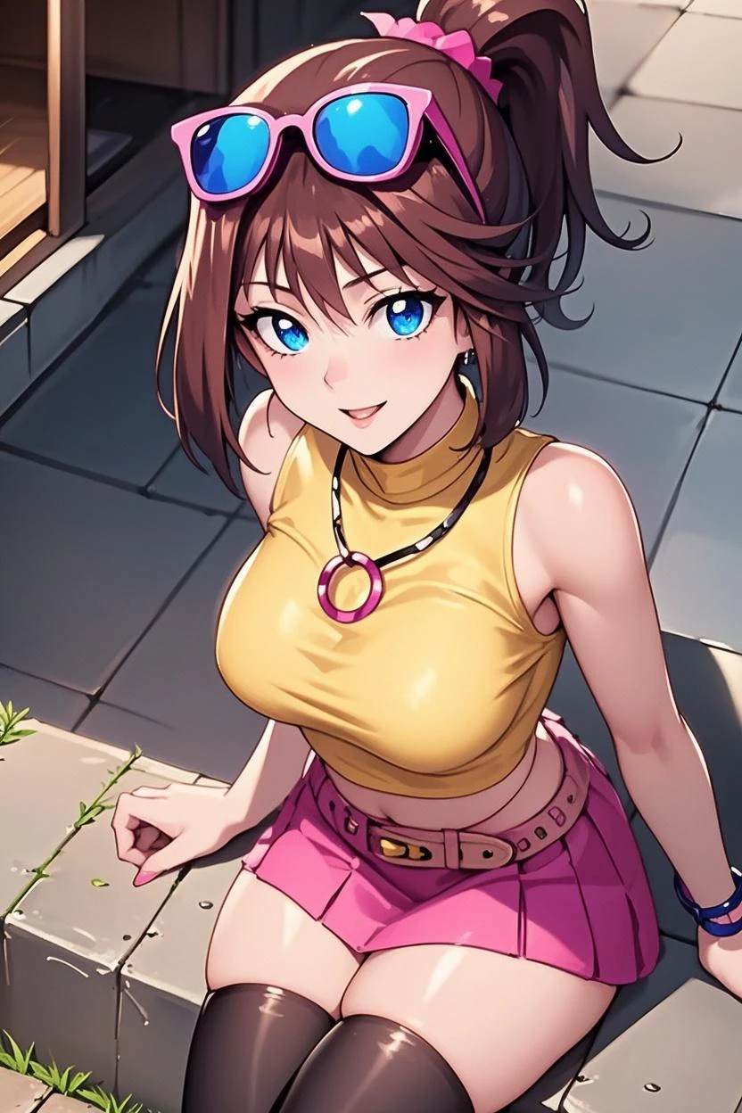 1 Female,High definition,high resolution,Ultra-realistic,8K, 8K, bbmazaki, ponytail, hair scrunchie, necklace, yellow shirt, sleeveless, bracelet, belt, pink skirt, tight skirt, miniskirt,European,sexy,Upper body close-up,Photographed from the front,Dynamic Angles,(blush), big tits , happy, wink the eye,facial, sweat, outdoors, moonlight, night,(pov, closed shot:1.2),(sitting),( spread legs),(cameltoe) ,(wide thighs:1.4)