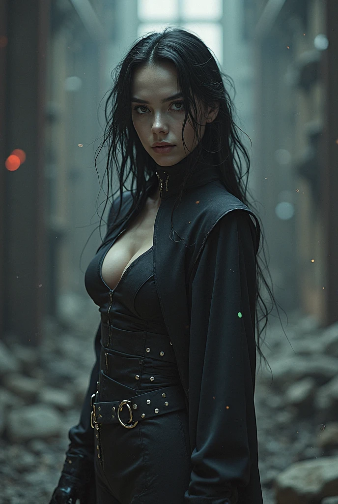 Une femme vampire ninja montrant ses crocs