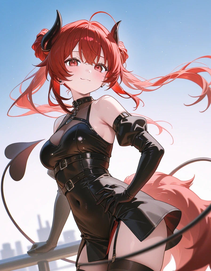 Anime filling,Two-dimensional illustration,Red hair,Half Twin Tail,shorth hair,Big eyes,A smile,a beauty girl,cute little,Super Cute,Black cat ears,Red Eyes,Ruffled Clothes,Inner colorGreen,One girl,Full body painting,A masterpiece of 2D art,(masterpiece,Top image quality:1.3),(detaile:1.2),(女の子1人)