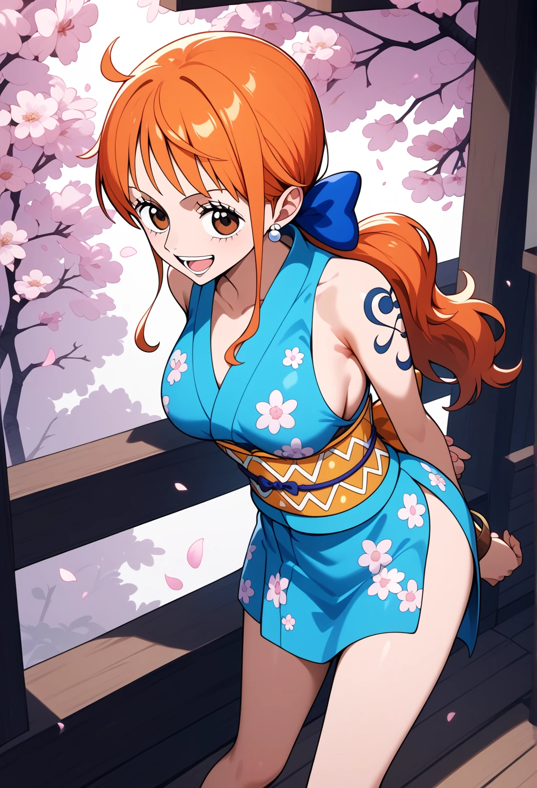 (masterpiece), best quality, expressive eyes, perfect face, (japanese garden background), (ninja fighting pose), (smirk), (cleavage view), (1girl, 18 years old, Nami (one piece), fair skin, orange hair, brown eyes, hourglass figure, thin body, skinny body, petite_body, large breasts, huge breasts, oppai, large cleavage, wide hips, thick thighs), (nami (one piece), long hair, orange hair, low ponytail, hair bow, blue bow, brown eyes, collarbone, cleavage, short kimono, blue kimono, sleeveless, bare arms, bracelet, sash, obi), 