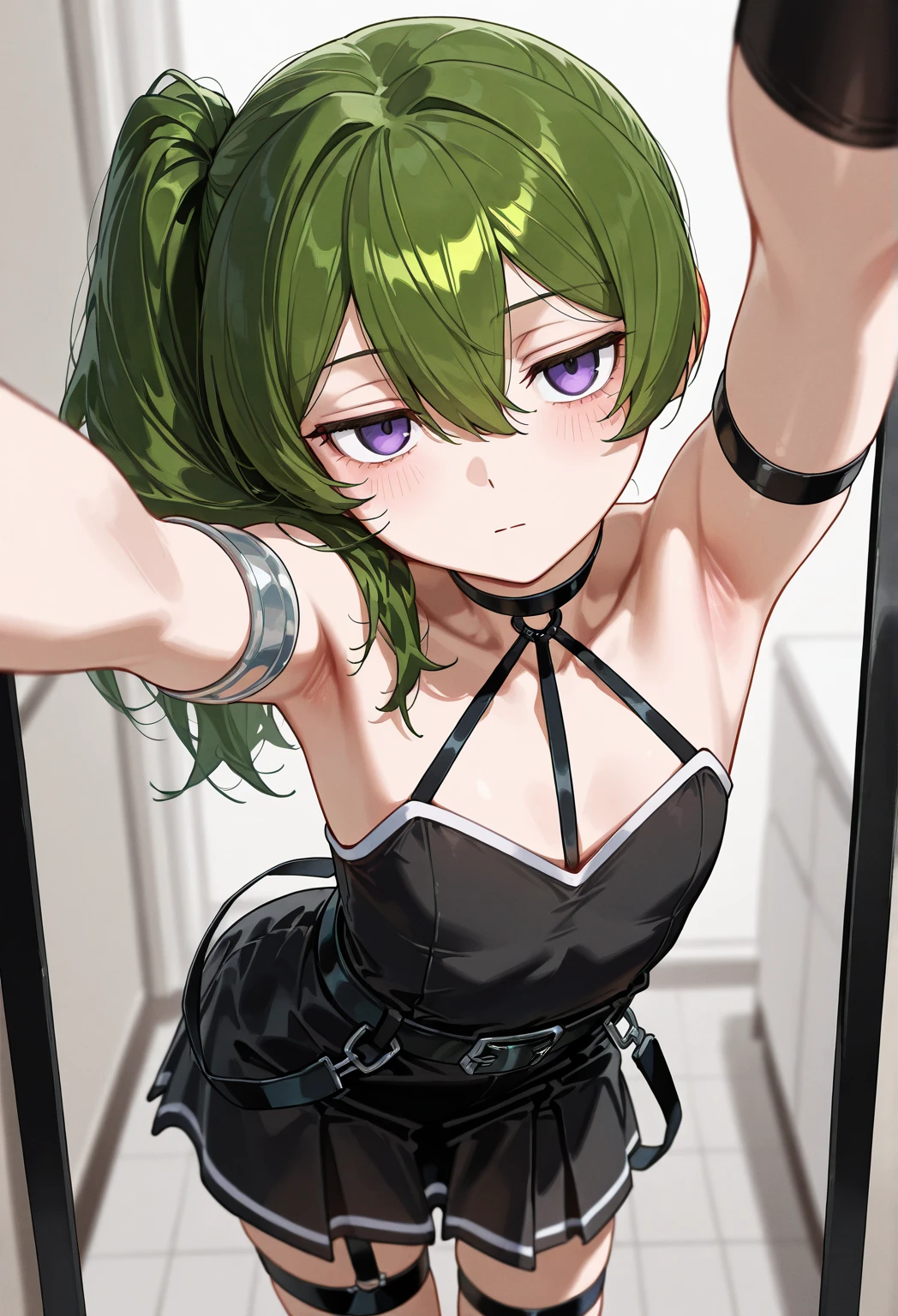 NSFW,masterpiece,Highest quality,High resolution,Super detailed,Uber\(Funeral of Frieren\),Green Hair、bangs、Hair between the eyes、Side Ponytail、Purple Eyes、Black choker、clavicle、High slit lace long dress、Sleeveless see-through dress、Halter neck,belt,Embarrassed,blush,(Prostitute),Luxurious Room,Party Venue,heart,Sexy pose,(Sex slave)