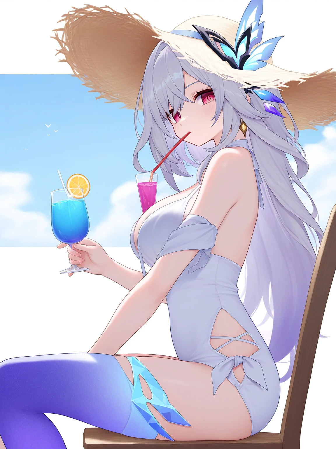 1 girl on a cruise ship, Summer, parasol, Sunglasses, Blue sky, cloudy, drinking cocktail, Detailed, 1girl in,  (Massive landscape: 1.2) , bikini of,  Anatomically correct,   (waved hair ),  Bangs,a necklace , Super Detail, Rainbow Blue Eyes,slender, masterful technique, Long hair, animetic, Solo,Portrait, High quality, MastetPiece,ultra-detailliert, (Tight breasts), (Cute belly), Beautiful Girl, [Detail Face], detail hands, ultra detail eyes, Beautiful eyes, early evening, smily face, slanted eye, A bracelet,frombelow, depth of fields, Bokeh, busty, (See-through:0.5)