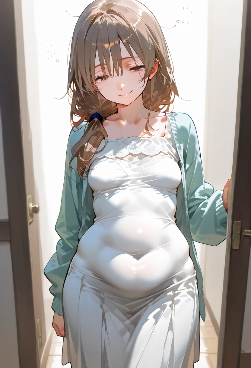((Masterpiece)), (((best quality))), hips wide open, ((blue colour eyes)), (((long brown hair))), (((shot White dress))), ((little girl)), (cute), (a face that looks sleepy), ((blue silk robe))