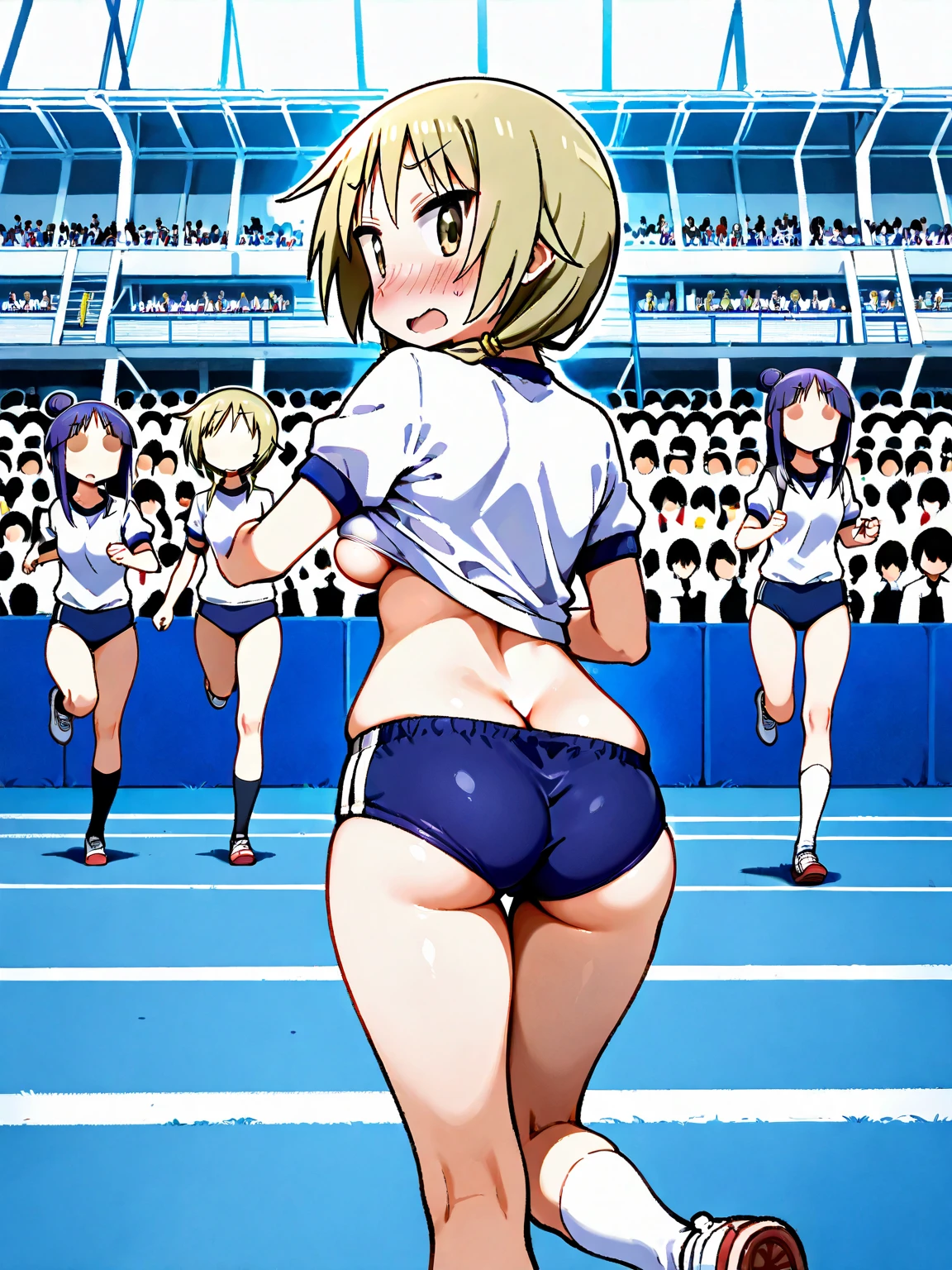 Russian nudist girl running、Lots of close elementary school boys pushing each other with their eyes wide open、surround each other&#39;wide eyes、Laughter and joy、longshot、Group Selfies、from side