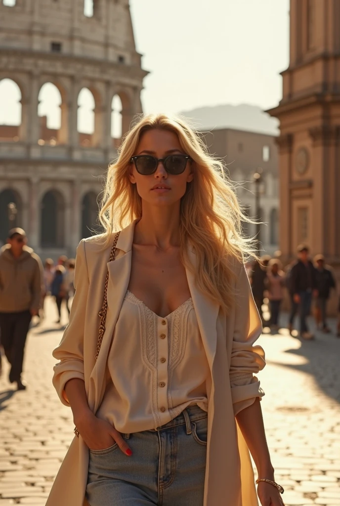Beautiful woman walking in a busy tourist place in London city on a bright sunny day in summer sunshine 