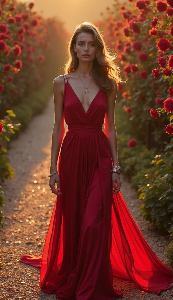 Woman with a white hat with a red one on the side, a truco and roses, and a red dress, a hat covering her face, a long dress, she is at the crossroads
