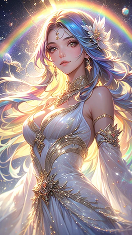 An ultrafine detailed watercolor painting of a gorgeous woman with flowers in her hair, in the style of Ross Tran and Tom Bagshaw, art nouveau accents, fantasy art, ice princess, anthropomorphic female, female moon knight, detailed cover artwork, as the goddess of the sun, Ross Tran, pale bluish skin, a marble sculpture, cgsociety, gothic art, art deco, behance contest winner