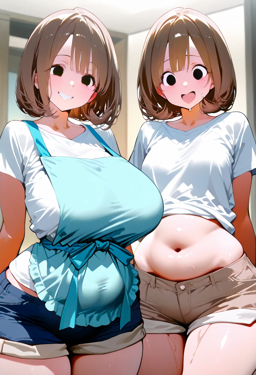 score_9, score_8_up, score_7_up, score_6_up, score_5_up, score_4_up, BREAK, flushed_emoji_shirt, 1girl, multiple views, thighs, <lora:flushed_shirt_meme_civit:0.8>, t-shirt, ((large breasts)), simple background, grin, ((oversized breasts)), <lora:Hinata_Pony_XL:0.8>, (hinata, hyuuga hinata, purple eyes, blunt bangs, black hair, white eyes, no pupils)