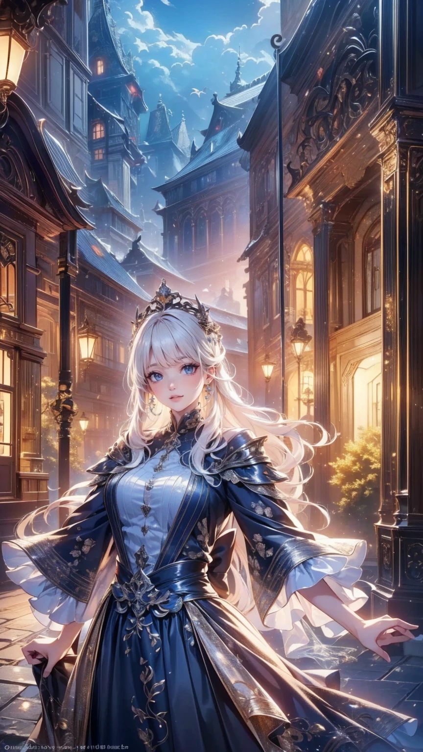 wide angle,cowboy shot,solo,1girl, (parted lips,light smile),looking at viewer, (cape), ann3hathawa72 ,thwhtqn, flower,
blue sky,intricate,cityscape ,
(masterpiece), best quality, highres, (realistic face:1.1), (hyperrealistic:1.3), 4k, 8k, Detailed Illustration, intricate detail, glowing particles, floating, 1girl,medium breasts, perfect eyes, (shiny skin:1.2),(outdoors:1.3),cinematic lighting, sharp shadows, amazing quality, amazing shading, soft lighting, (symetrical:0.5), facing camera, ultra-detailed , <lora:theWhiteQueen_thwhtqn,crown,sword:0.8>