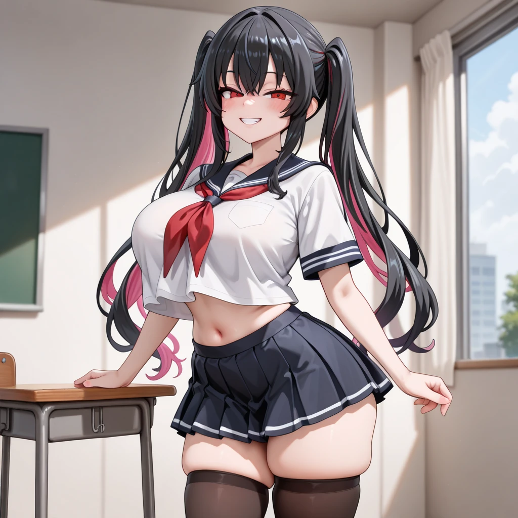 masterpiece,highest quality,wonderful,finely,High resolution,1 girl, big breasts,(side-tie panties:1.3), black hair, glasses, green eyes,twin tails,full body