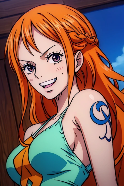a cartoon picture of a woman in a bikini top and jeans, nami one piece, nami from one piece, nami, beautiful portrait of nami, from one piece, oppai, blue eyes, smoking, ponytail, nsfw