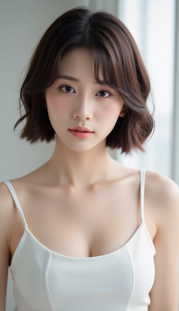top-quality、masterpiece、超A high resolution、(Photorealsitic:1.5)、Raw foto、Skin Tight Black Top:1.2, Looking at Viewer, Cinematic lighting, Perfect, softlight, High resolution skin:1.2, Realistic skin texture, 30 years old mature woman、Large breasts,a small face、no-makeup、off shoulders, Exposed cleavage, Blue eyes, Short hair,dark brown hair、Bust B Cup、Small breasts、fullnude、Gray background sexy high