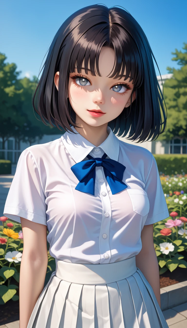 (masterpiece, Highest quality:1.2), 1 Girl, alone、(Tabletop, Highest quality:1.2), 8K, 18-year-old, 85mm, Official Art, RAW Photos, Absurd, White dress shirt, Cute face, close, Upper Body, Viola Lace, Gardenia, beautiful girl, (Dark red tie:1.1)、(Navy Pleated Skirt:1.1), Cinch waist, Thighs, Short sleeve, classroom, ponytail、short hair、short hair、sit on bench seat, Looking at the audience, No makeup, (smile:0.4), Film Grain, chromatic aberration, Sharp focus, Face Light, Bright lighting, Teen, Detailed face, ((Background blur,日本の学校のclassroom、classroom、Cherry tree seen from the window))