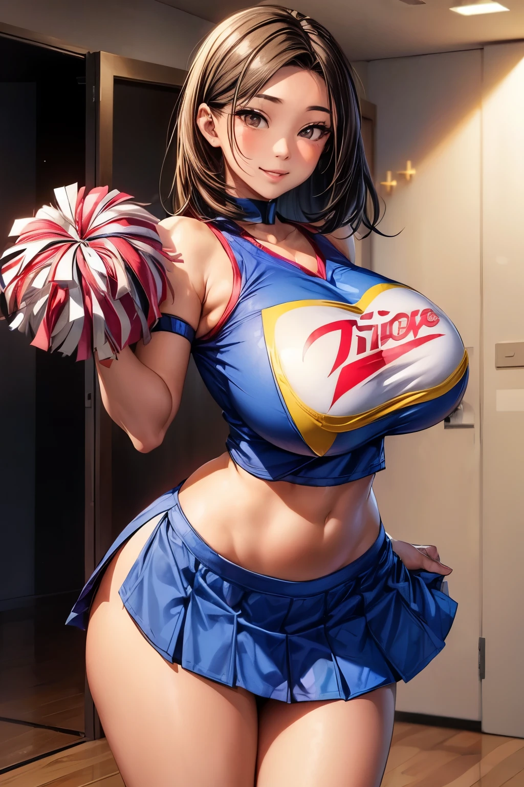 masterpiece, high quality, detailed eyes,
1girl, KOTEGAWA YUI, brown eyes, black hair, bangs, long ponytail, hair bow, (mature female, milf:1.3), huge breast, voloptuous, thick thighs, tall, leggy,dark skin, tan, blonze skin,oiled skin, shiny skin, sweat drop, one eye closed, light smile, open mouth,(muscular:0.5), (pubic tattoo:1.0),
solo, looking at viewer, outdoor, track and field, school, (cheerleader:1.2), clothing heart shaped cutout, heart earing, mini skirt, (dancing:1.1),, thong, choker, thigh strap, covered nipple,
anime_coloring,