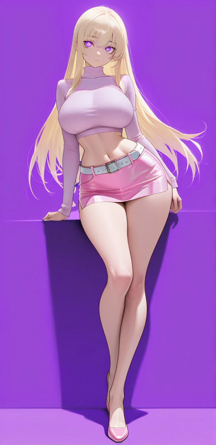 cleavage, makeup, wavy hair, latex shorts, t-shirt, 1girl, blonde hair, high heels, pink fishnet thighhighs, curvy, looking at viewer, kneeling,