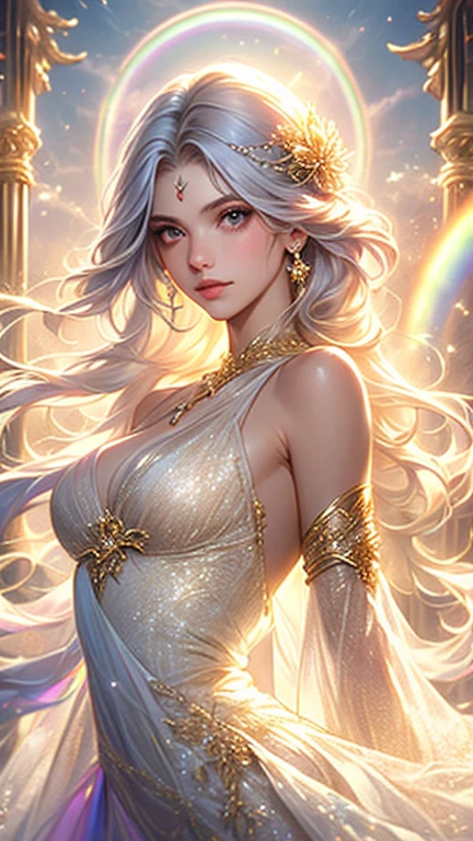 a beautiful woman with celestial features, flawless pale skin, piercing blue eyes, flowing golden hair, delicate facial features, ethereal expression, elegant pose, ornate celestial crown, glowing aura, dramatic lighting, fantasy landscape background, trending on artstation, 8k, high quality, hyper realistic, detailed, photorealistic