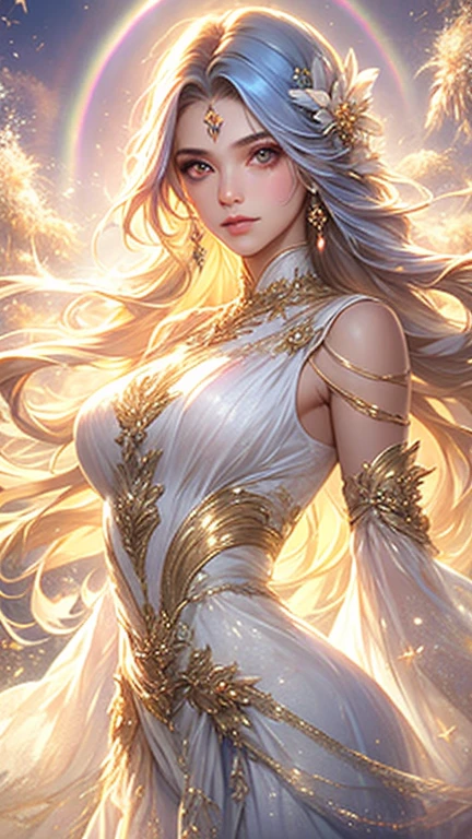 (​masterpiece、top-quality、top-quality、Official art、Beautifully Aesthetic:1.2)、(1girl in)、Highly detailed、(Fractal Art:1.3)、colourfull、highest details, (Nine-Tailed Fox), 9 White, Black fox ears, (Cat's-eye:1.3), Foxes inspired by Japan's divinity, Transparent clothes of fantastic celestial warriors, Elaborately embellished with gold, Fantasy Japan Background, Soft smile, ultra-sexy, Big breasts, anatomically, Fine wraist with large defined hips, Soft expression, A smile, Silver long hair, Wave, Facing the front, Hair is spreading