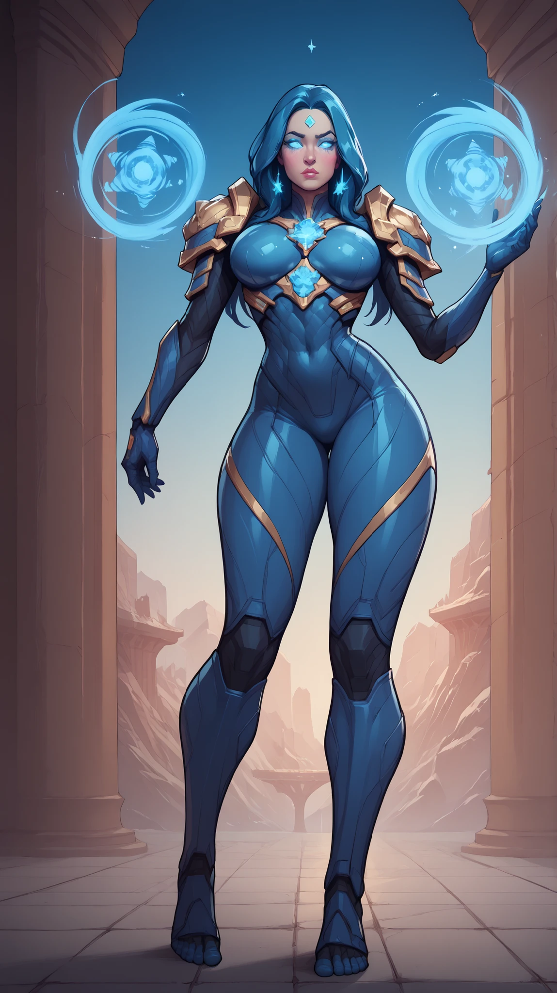 A powerful futuristic goddess-like nanotech armor called "Neomaya", standing 6.7 feet tall in a dramatic 9:16 vertical sci-fi frame. The armor has a sleek, feminine, and curvaceous design with glowing white-gold plating and intricate blue light accents. The figure has three mystical glowing eyes—one on the forehead—and triple breasts forming an chest armor. Her fully covered blue helmet is calm, wise, and slightly seductive, with celestial markings and metallic features. The armor has subtle floating elements around her shoulders and hips, exuding divine energy. Background is a futuristic temple with glowing ancient circuitry etched into metallic pillars, softly illuminated with bluish-golden ambient light. High detail, cinematic lighting, comic book realism, and ethereal glow effects. Cyber-divine fusion aesthetics.
