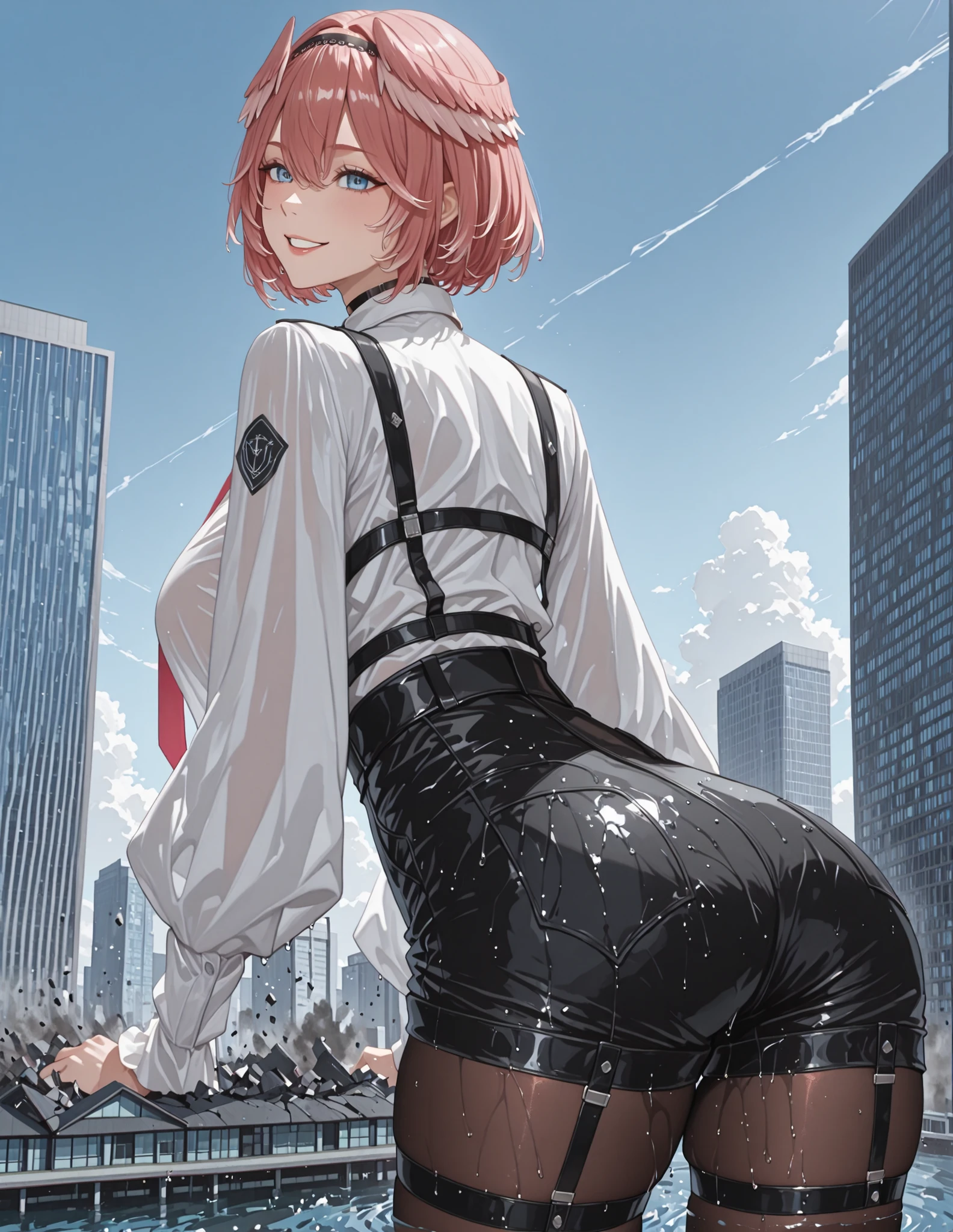 masterpiece, 最high quality, high quality,
Louis IL , luidef , Headwings, short hair, Headband, puffy long sleeve, collared shirt, high-waist shorts, red necktie, Shoulder jacket, fingerless Butt under pants, Thigh Straps, pantyhose under shorts, legwear under shorts, shorts, Headband, Smile, cowboy shot, black choker, brown pantyhose, shirt, Big breasts, Hair between eyebrows, comment, White Background, black Butt under pants, white shirt, The perfect outfit, long sleeve, Simple background, black Headband, Butt under pants, pink necktie, Puff Sleeves, comment on shoulders, pantyhose, 1 girl, viewers, black shorts, necktie, solo, choker, bob cut, Parted Lip,outdoor, City buildings in the background、The building in the foreground、 Broken Cineckties、rubles ミニチュアの 大都市、 A girl taller than a building 、let's crush the proposal、City buildings in the backgroundがある、Broken building in front of the screen、 Broken Cineckties、rubles, Giant Art、high surreal and very detailed giant shot、girl taller than the building、the ground underfoot is cracked。162 kilometers high,,Destruction,Wet, water,walk, let's smash a proposal、Huge shot、The building in the foreground、 The Ruined City、rubles, Giant Art、very surreal and very detailed giant shot、girl taller than the building、the ground underfoot is cracked細かいrubles, showing a large girl,evening 。Blue Sky,Girl standing breaking through a building