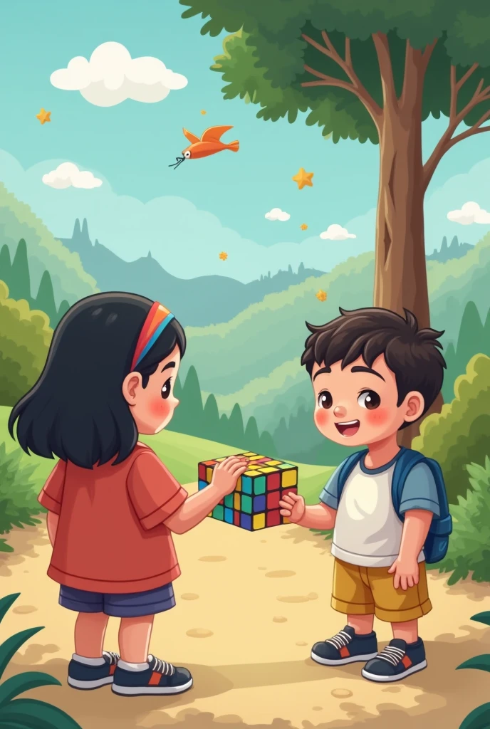 Ali and Sara sitting on the grass, looking a little sad but starting to play with sticks and building a small house. The setting is peaceful, with a slight hint of sadness in their expressions