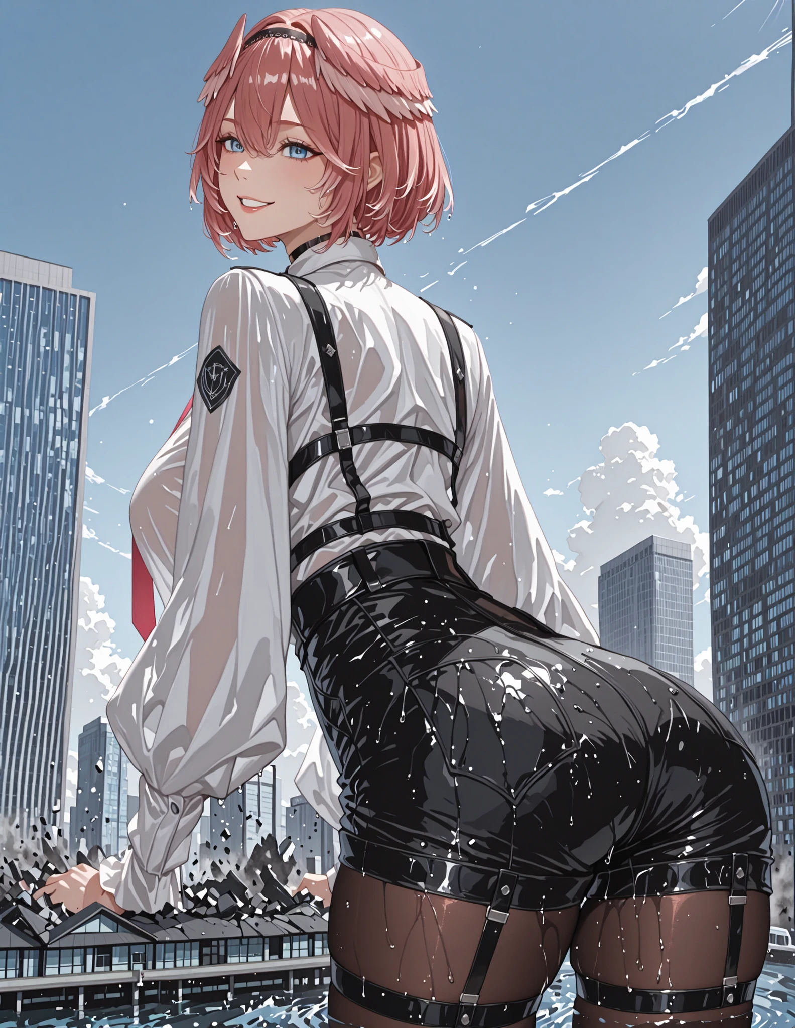 masterpiece, 最high quality, high quality,
Louis IL , luidef , Headwings, short hair, Headband, puffy long sleeve, collared shirt, high-waist shorts, red necktie, Shoulder jacket, fingerless Butt under pants, Thigh Straps, pantyhose under shorts, legwear under shorts, shorts, Headband, Smile, cowboy shot, black choker, brown pantyhose, shirt, Big breasts, Hair between eyebrows, comment, White Background, black Butt under pants, white shirt, The perfect outfit, long sleeve, Simple background, black Headband, Butt under pants, pink necktie, Puff Sleeves, comment on shoulders, pantyhose, 1 girl, viewers, black shorts, necktie, solo, choker, bob cut, Parted Lip,outdoor, City buildings in the background、The building in the foreground、 Broken Cineckties、rubles ミニチュアの 大都市、 A girl taller than a building 、let's crush the proposal、City buildings in the backgroundがある、Broken building in front of the screen、 Broken Cineckties、rubles, Giant Art、high surreal and very detailed giant shot、girl taller than the building、the ground underfoot is cracked。162 kilometers high,,Destruction,Wet, water,walk, let's smash a proposal、Huge shot、The building in the foreground、 The Ruined City、rubles, Giant Art、very surreal and very detailed giant shot、girl taller than the building、the ground underfoot is cracked細かいrubles, showing a large girl,evening 。Blue Sky,Girl standing breaking through a building