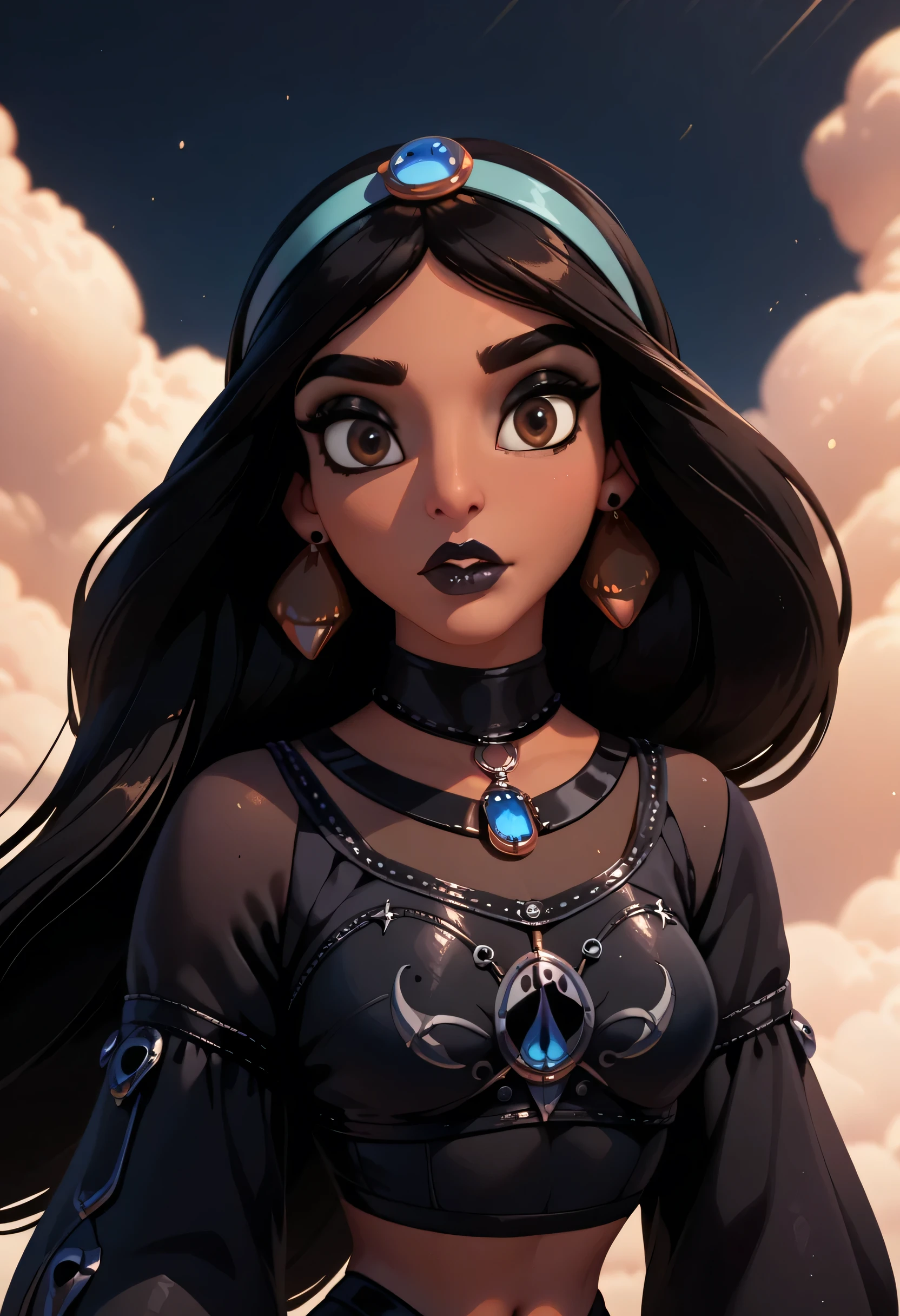  ultra-high quality, best quality, 8K, UHD, very aesthetic,(musterpiece), (best quality), very detailed eyes,Jasmine, dark skin, brown eyes,,wearing (goth clothes:1.6),detailed eyes, detailed face,cool background