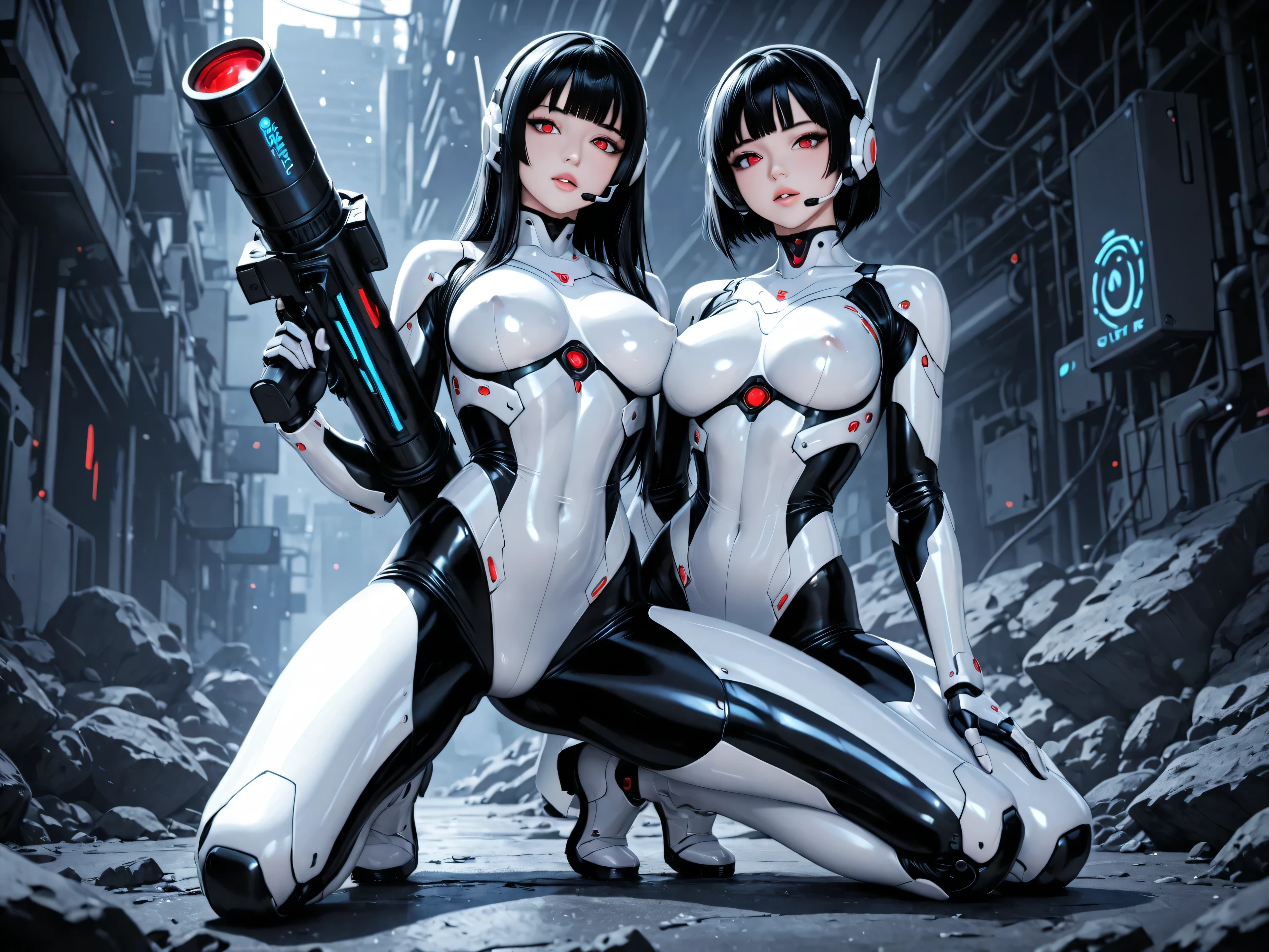 Asian Woman Beautiful Sensual Body Curvy Long Hair Black Brown Eyes Clear Look Tender Smile Dreamy Mischievous with Galactic Suit and Robotic Prostheses Walking on the Planet Neobium