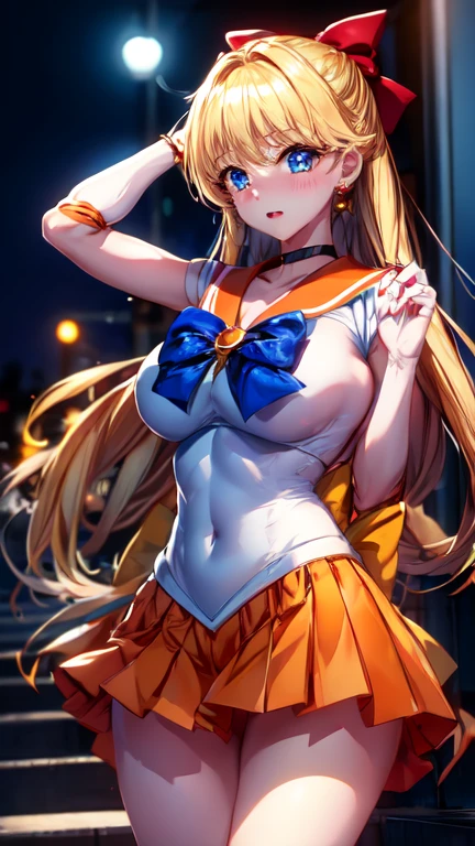 1girl, Angle from the front, ((She leans forward to accentuate her breasts and show off her bust.)), (Moonlit night)、(On the roof of a building)、thighs、(shiny White skin:1.6)、blue eyes, ((Slim figure)), (12 years old girl), (A sadistic and malicious grin), (sexy pose)、(grin), (Shiny blonde hair)、Long hair, (forehead), Blue ribbon on chest, (Big red ribbon), ((Sailor Venus))、Sailor suit、(Orange pleated mini skirt)、(I'm lifting my leg)、