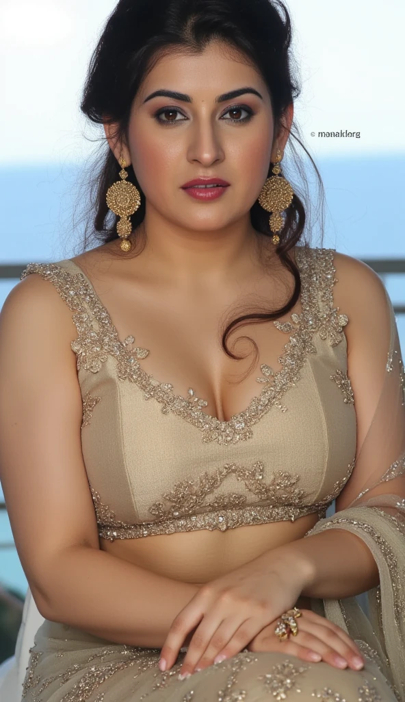 extreme close up photo of naked indian, big cheeks, hourglass figure, curvy, kneel down on all four on table in office, red lips, nerd glasses,big , necklace, sultry, only saree, no blouse,no bra,look at viewer and subtle smile, (cinematic:1.3), intricate details, (ArtStation:1.2)