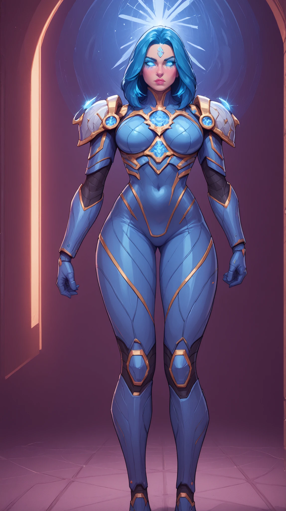 A powerful futuristic goddess-like nanotech armor called "Neomaya", standing 6.7 feet tall in a dramatic 9:16 vertical sci-fi frame. The armor has a sleek, feminine, and curvaceous design with glowing white-gold plating and intricate blue light accents. The figure has three mystical glowing eyes—one on the forehead—and triple breasts forming an chest armor. Her fully covered blue helmet is calm, wise, and slightly seductive, with celestial markings and metallic features. The armor has subtle floating elements around her shoulders and hips, exuding divine energy. Background is a futuristic temple with glowing ancient circuitry etched into metallic pillars, softly illuminated with bluish-golden ambient light. High detail, cinematic lighting, comic book realism, and ethereal glow effects. Cyber-divine fusion aesthetics.