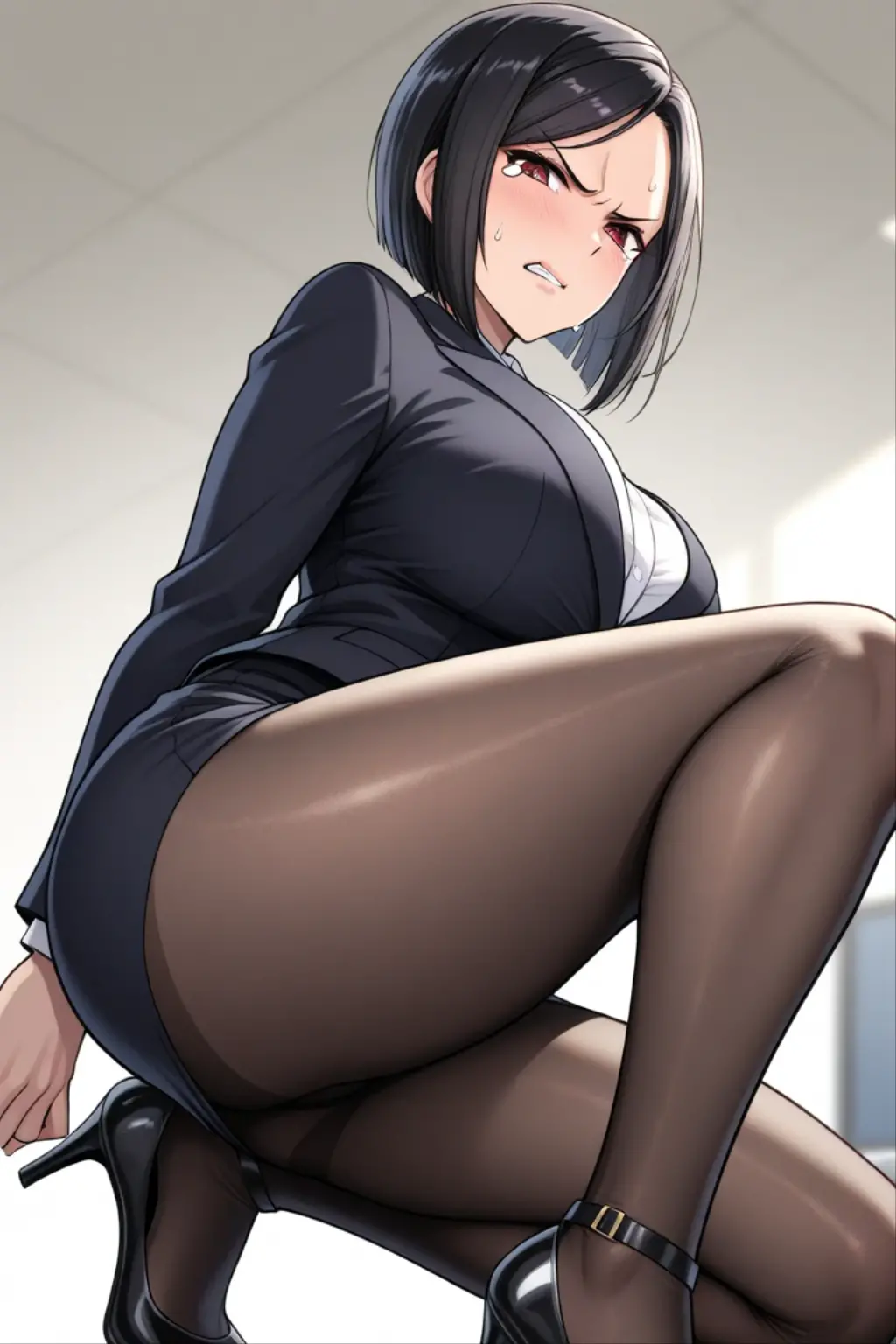 masterpiece, best quality, high definition images, atmospheric perspective, expressive eyes, perfect face, ultra detailed, solo, 1mature seductive woman lying down in a carelessly sprawled on desk, alluring pose, black short bob hair, simple glasses, business suit, blouse, large breasts, pencil skirt, tight mini skirt, lifting skirt, spread legs, panties, curvy, thighs, pantyhose, high heals, look ecstasy, calm smile, shy, open mouth, from below, in study room,