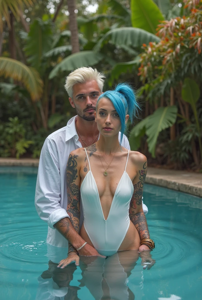 1 beautiful birracial blue hair woman and 1 white man at the pool, detailed full body