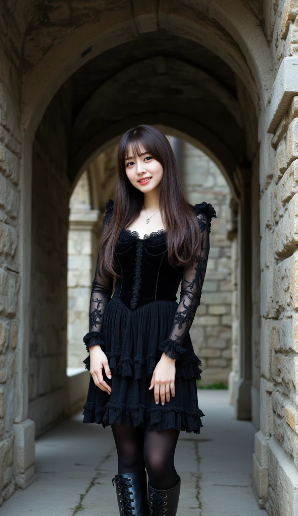 Gothic lolita、Looking Back Pose、a smile、｟Skin revealing｠、absolutely outstanding image, very extremely beautiful、​masterpiece, top-quality,a picture, kawaii、｟Colossal tits:1.2｠,8k、In the church of Gothic architecture